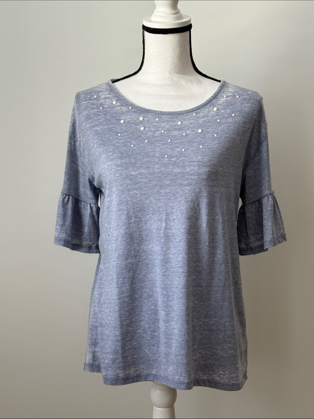 Como Blu Women's Pearl-Accent Ruffle Sleeve Top - Light Blue, Size Small